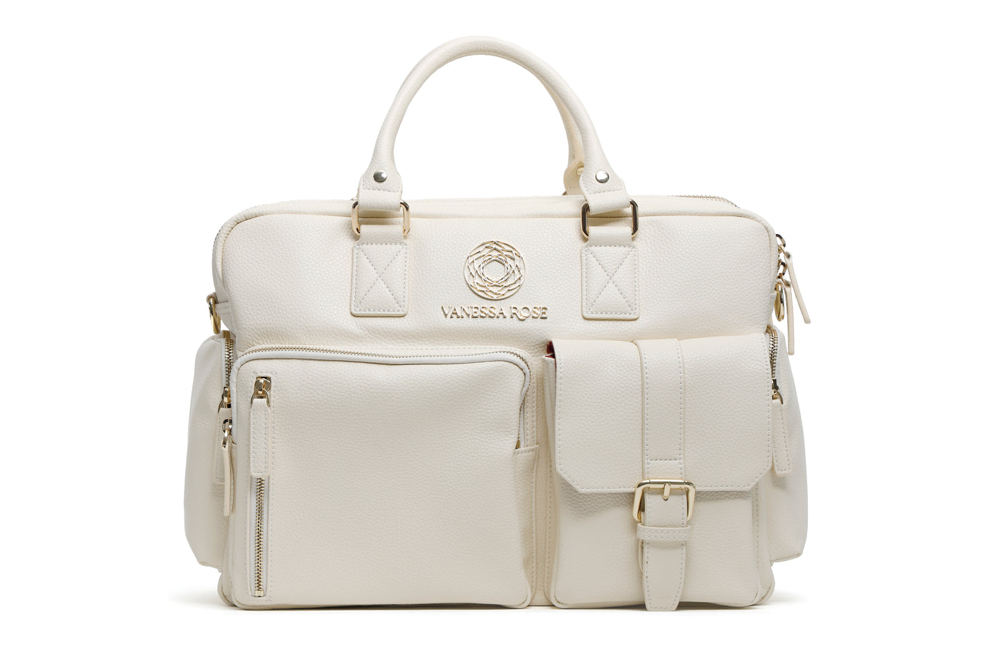 Frontalansicht der Kameratasche Aurora in weiß ohne Umhängegurt, Umhängegurt ist abnehmbar