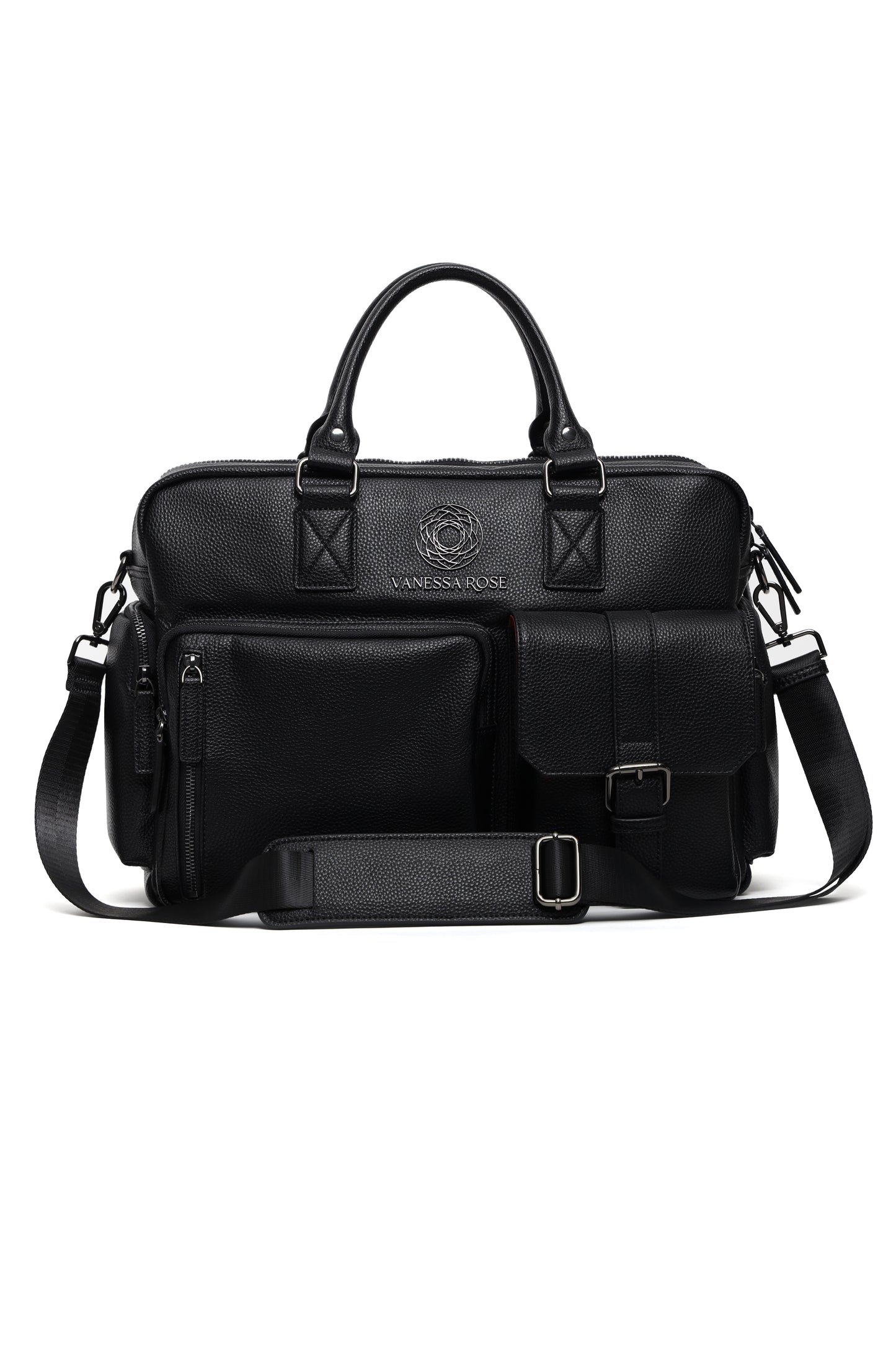 Frontalansicht der Kameratasche Aurora in schwarz mit Umhängegurt, Umhängegurt ist abnehmbar