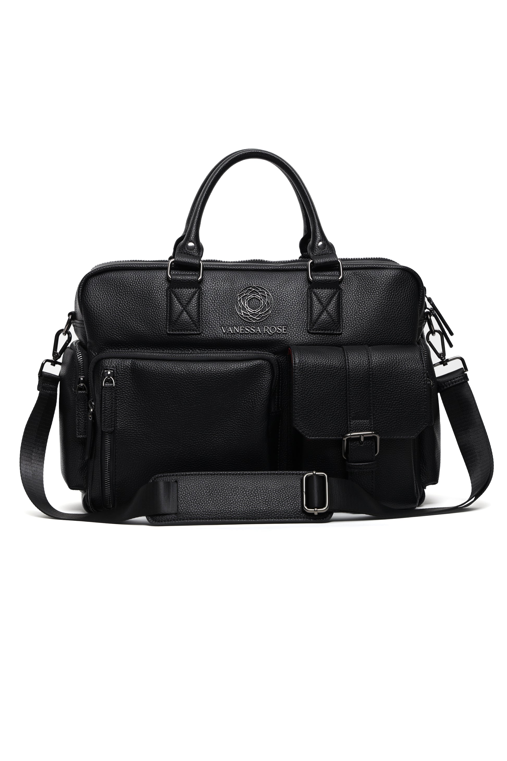 Frontalansicht der Kameratasche Aurora in schwarz mit Umhängegurt, Umhängegurt ist abnehmbar