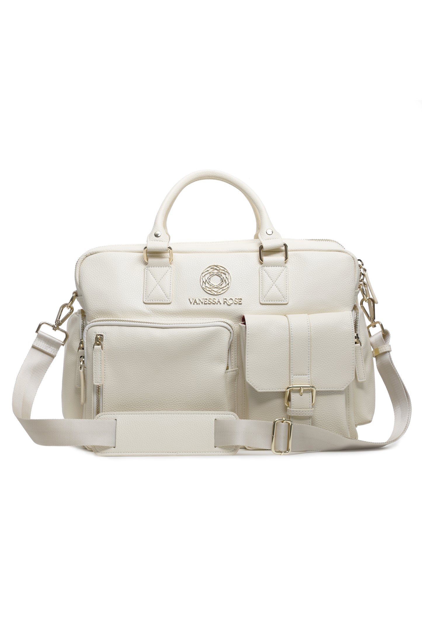 Frontalansicht der Kameratasche Aurora in weiß mit Umhängegurt, Umhängegurt ist abnehmbar