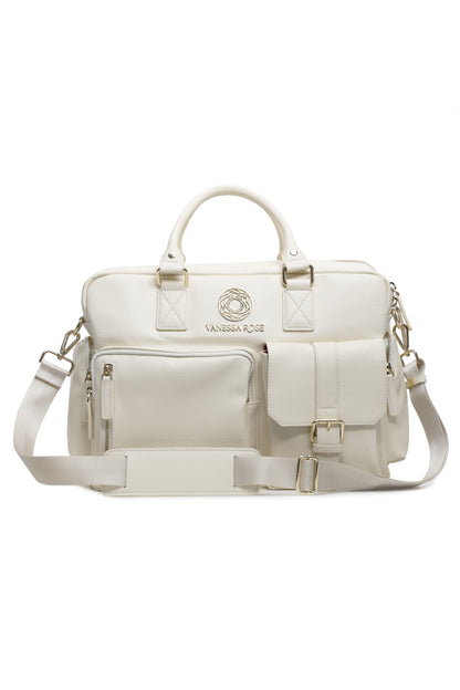 Frontalansicht der Kameratasche Aurora in weiß mit Umhängegurt, Umhängegurt ist abnehmbar