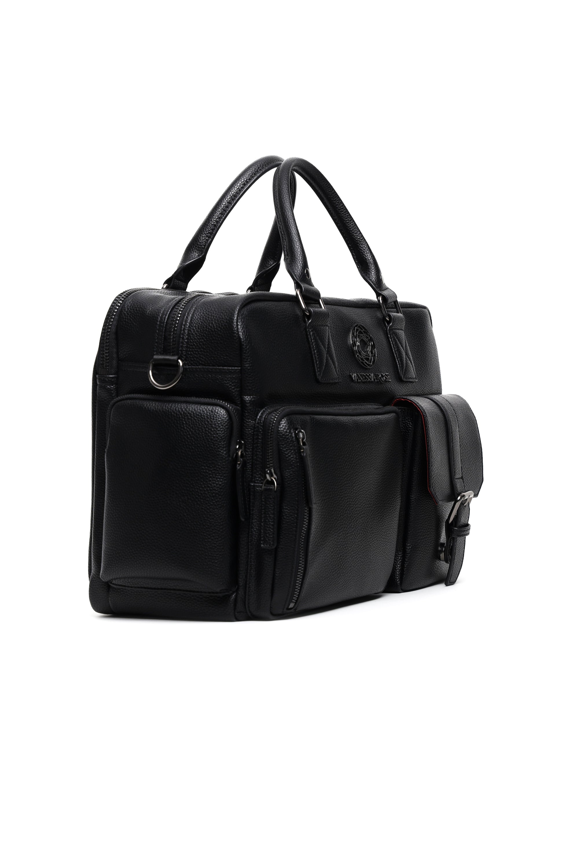 Kameratasche Aurora im 45Grad Winkel in schwarz für Frauen, eine seitliche und zwei Taschen an der Vorderseite sichtbar. Eine Tasche mit Reisverschluss, die andere mit Schnalle