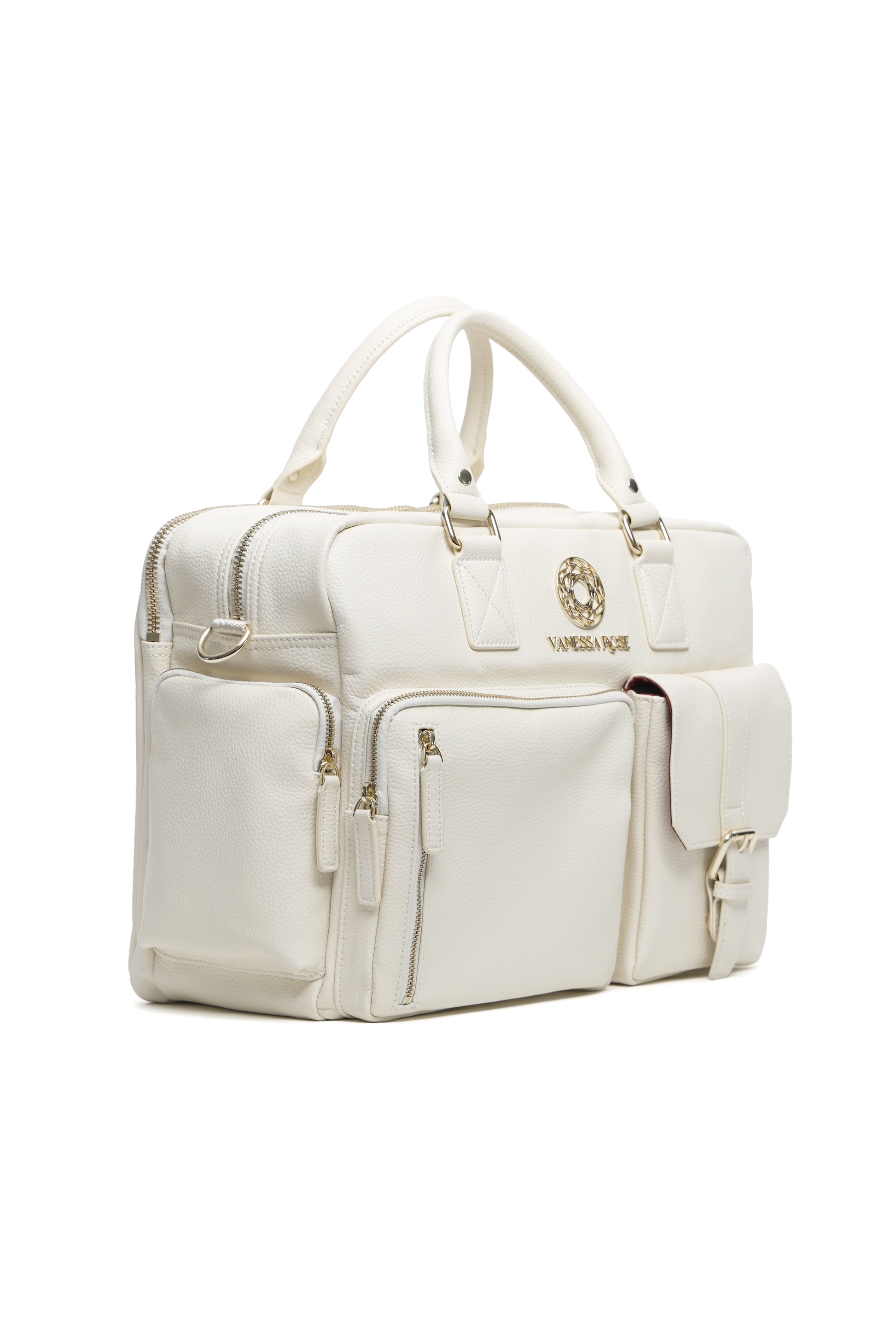 Kameratasche Aurora im 45Grad Winkel in weiß für Frauen, eine seitliche und zwei Taschen an der Vorderseite sichtbar. Eine Tasche mit Reisverschluss, die andere mit Schnalle