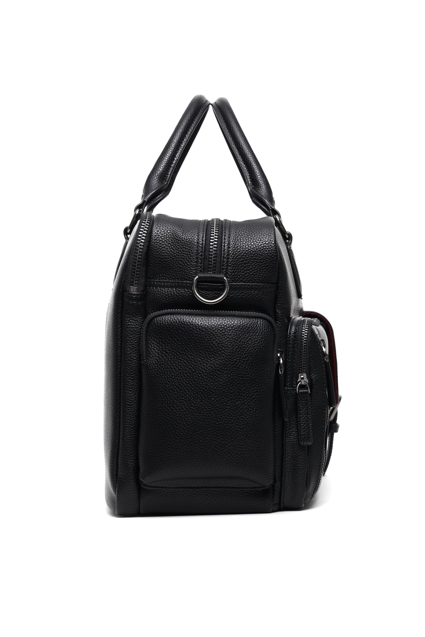 Seitliche Ansicht der Kameratasche Aurora in schwarz für Frauen, sichtbare Seitentasche mit Reisverschluss