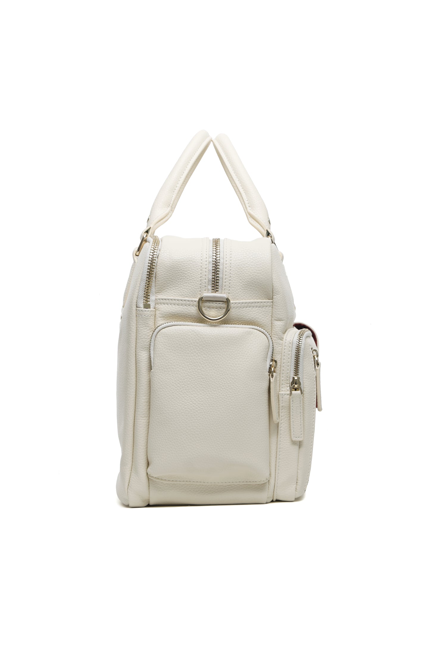 Seitliche Ansicht der Kameratasche Aurora in weiss für Frauen, sichtbare Seitentasche mit Reisverschluss