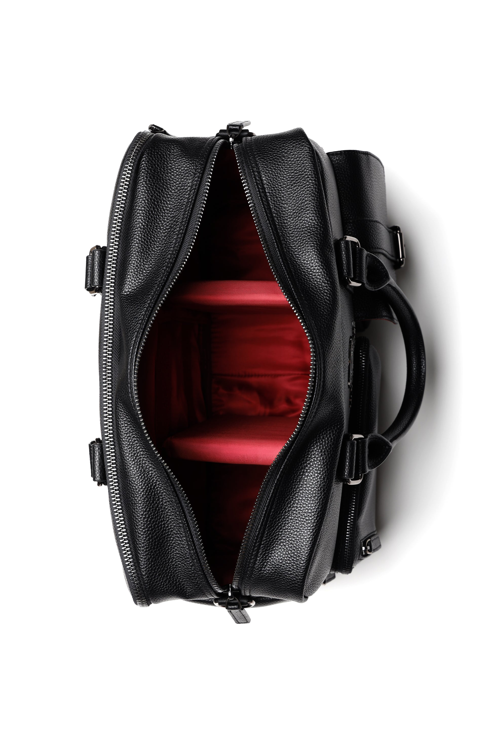 geöffnete Kameratasche Aurora in schwarz für Frauen mit 3 Fächern, das Innenleben ist Rot